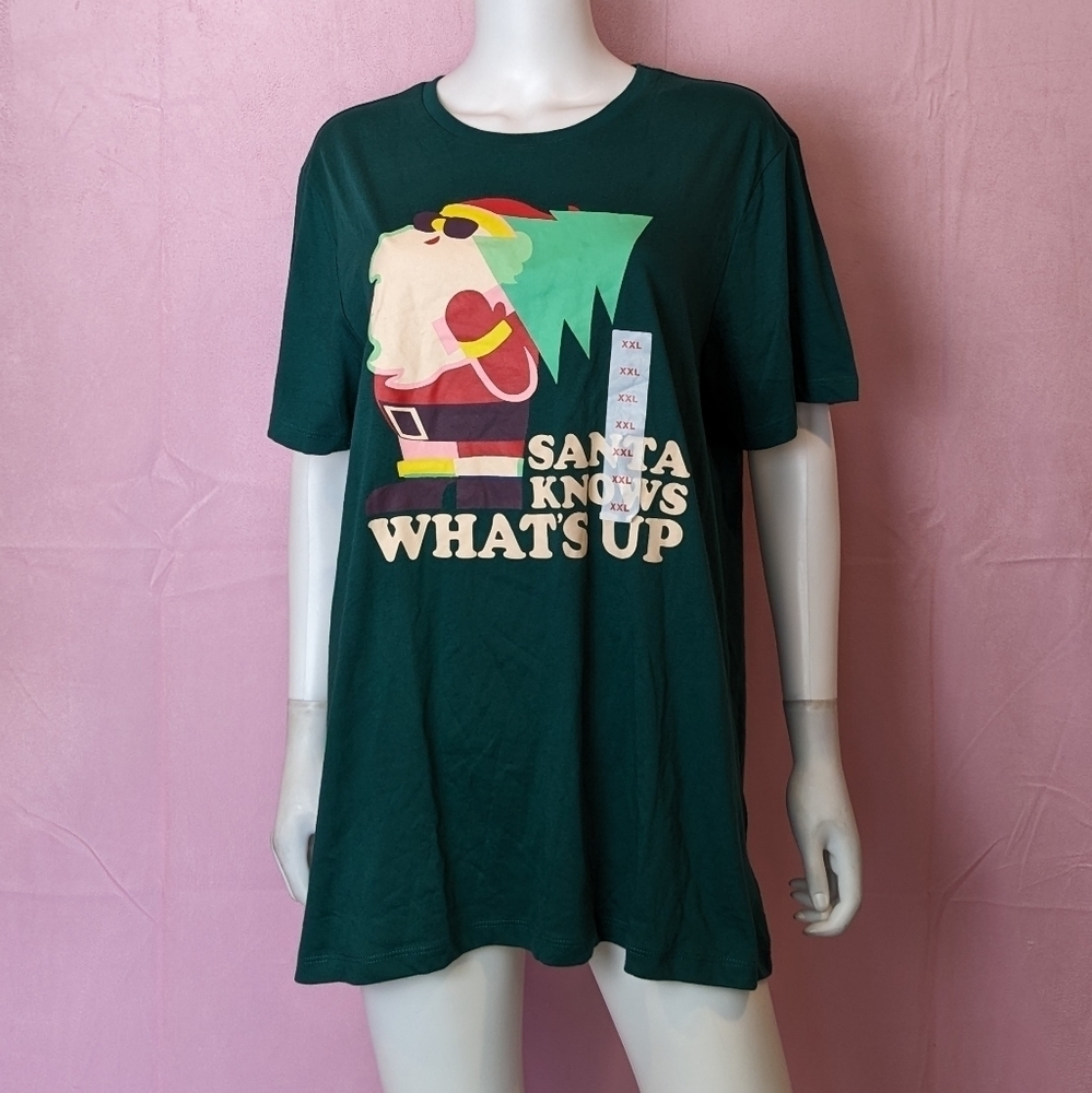 Old Navy Green Short Sleeve Santa Knows What's Up Christmas Tee size XXL